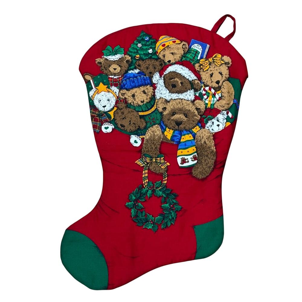Vintage Cranston VIP Teddy Bears Christmas Stocking 18" x 12" Printed Fabric